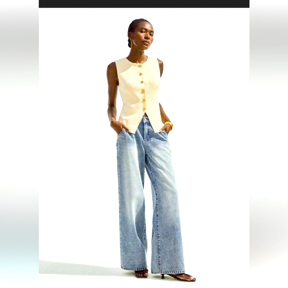 Elegant Cream Button-Up Top with Light Blue Wide Leg Jeans